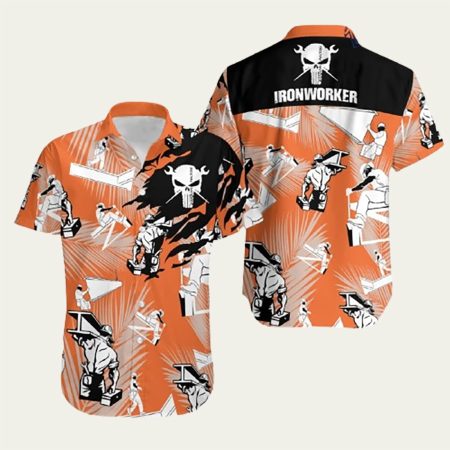 Ironworker Skull Orange Hawaiian Shirt
