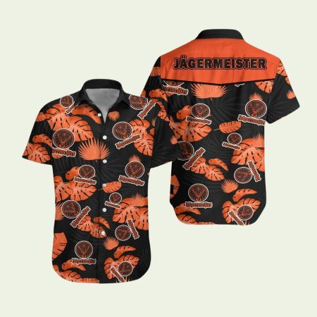 Jagermeister Logo Palm Leaves Black And Orange Hawaiian Shirt