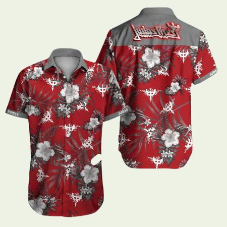 Judas Priest Logo Hibiscus Flower Red Pattern Hawaiian Shirt