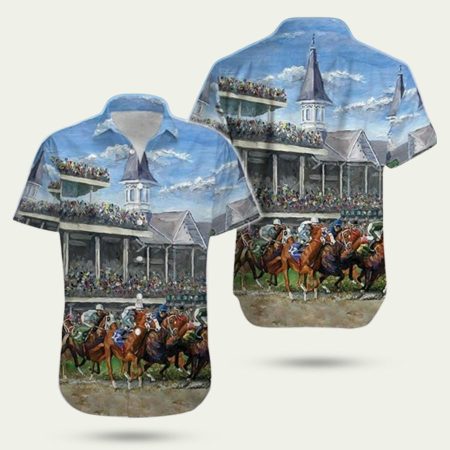 Kentucky Derby Horse Racing Stadium Blue Pattern Hawaiian Shirt
