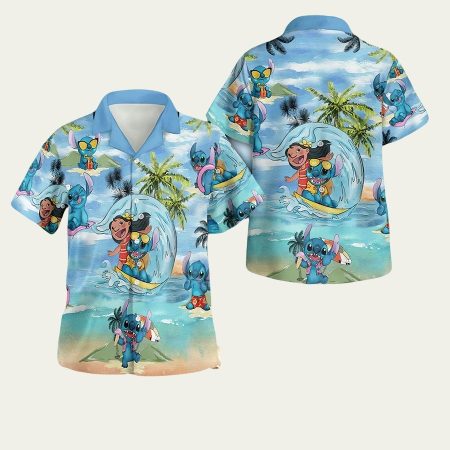 Lilo And Stitch Surfing Beach Hawaiian Shirt