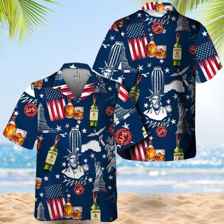 Jameson Whisky Us Liberties Vintage Hawaiian Shirt, Us Flag Jameson Whisky Button Down Short Sleeve Shirt, Usa Jameson Summer Beach Aloha Shirts