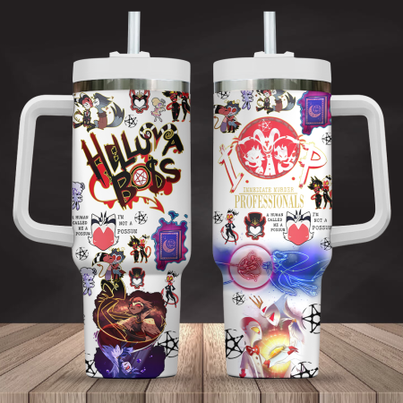 White Helluva Boss TV Series Custom Stanley Quencher 30oz or 40oz Stainless Steel Tumbler With Handle CP