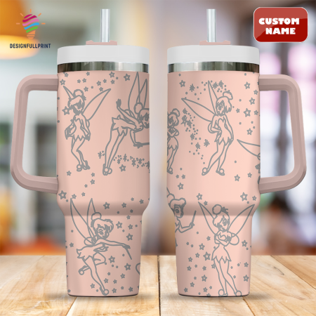 Dust Pink Tinkerbell Disney Cartoon  30oz or 40oz Quencher Stainless Steel Tumbler With Handle, Best Gift Idea CP