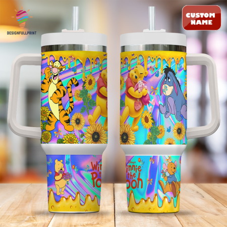 Hologram Blue Winnie The Pooh Disney Cartoon Custom  Quencher 30oz or 40oz Stainless Steel Tumbler With Handle CP