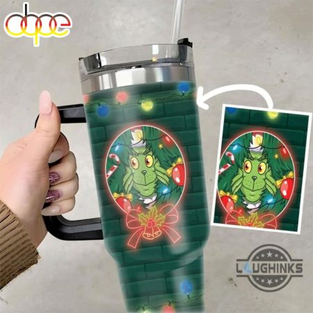 Mean Grinch Handle Merry Grinchmas Green Background Cup How The Grinch Stole Christmas Xmas Travel Mugs Gift Printed 30oz or 40oz Quencher Tumbler LN