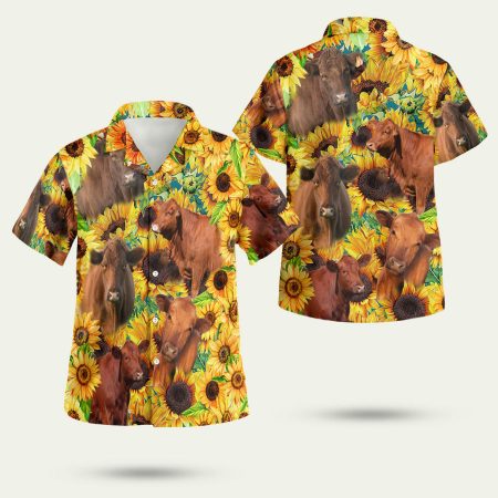 Men red angus yellow cattle lovers sunflower Hawaiian Shirt
