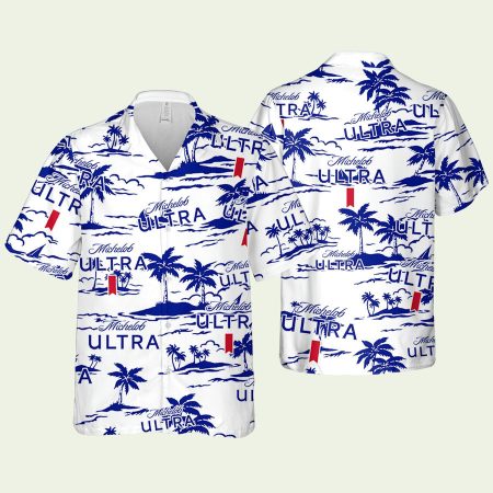 Michelob Ultra Coconut Palm Tree White Pattern Hawaiian Shirt