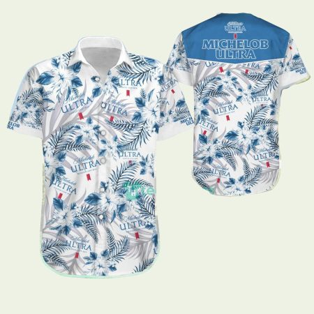 Michelob Ultra Logo Tropical White And Blue Patern Hawaiian Shirt