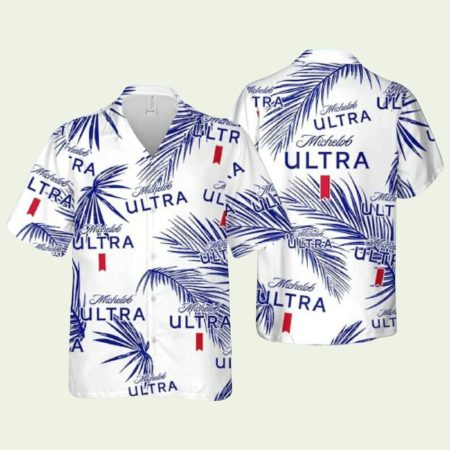 Michelob Ultra Beer Logo Coconut Palm Leaves White Hawaiian Shirt