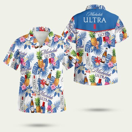 Michelob ultra white with blue leaf Hawaiian Shirt