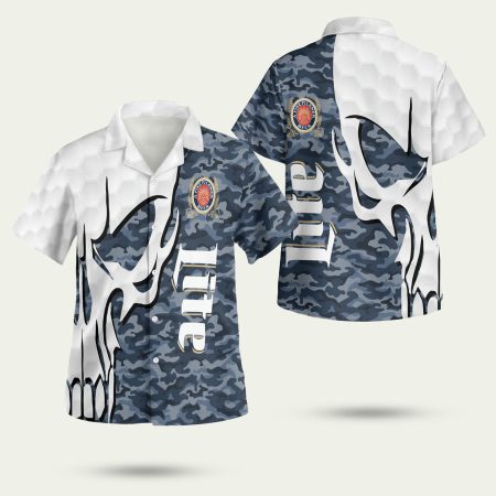 Miller Lite Navy Camo Skull Hawaiian Shirt