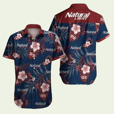Natural Light Beer Hibiscus Flower Blue And Red Hawaiian Shirt