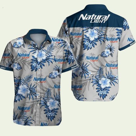 Natural Light Beer Hibiscus Flower Blue Summer Hawaiian Shirt
