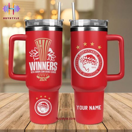 Olympiacos FC UEFA Europa Conference League Winners 2024 Quencher 30oz or 40oz Stainless Steel Tumbler With Handle NVA