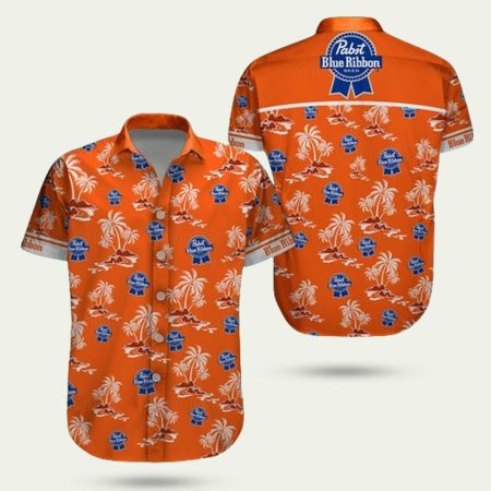 Pabst Blue Ribbon Coconut Trees Orange Hawaiian Shirt