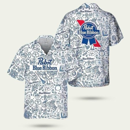 Pabst blue ribbon doodle art halloween hawaiian shirt