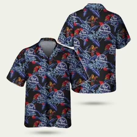 Pabst blue ribbon tropical leaf parrot hawaiian shirt