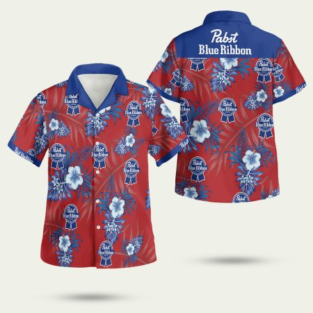 Pabst Blue Ribbon Hibiscus Flower Red Pattern Hawaiian Shirt
