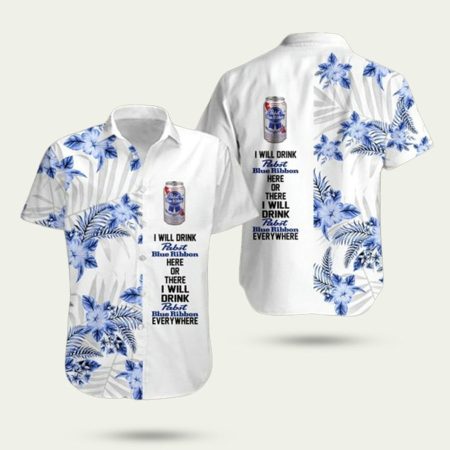 Pabst blue ribbon white floral pattern hawaiian shirt