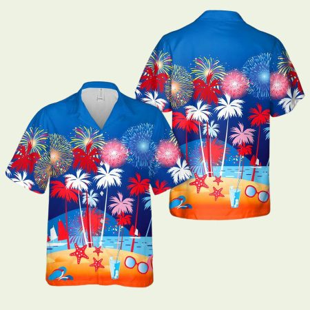 Palm Trees Fireworks 4Th Of July Hawaiian Shirt