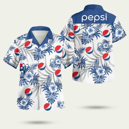 Pepsi Logo Hibiscus Flower White And Blue Hawaiian Shirt