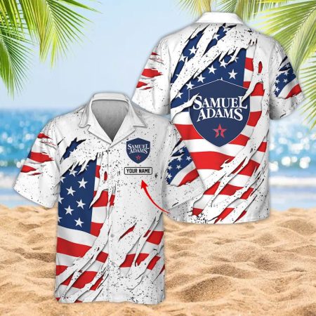 Personalized American Flag Samuel Adams Logo Print 3d Ripped Hawaiian Shirt, Us Flag Samuel Adams Beer Men's Casual Button Down Hawaiian Shirts