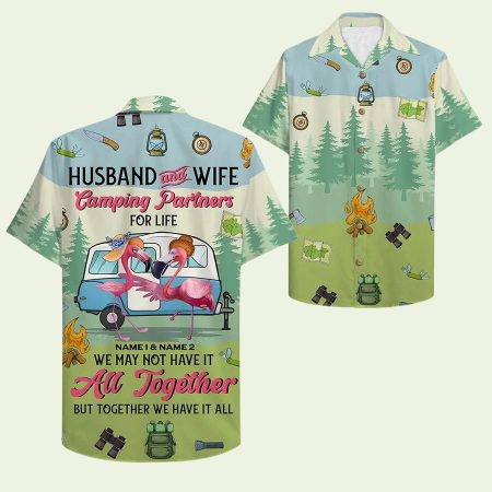 Camping Couple Flamingo Husband And Wife Hawaiian Shirt