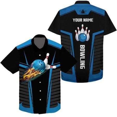 Personalized Flame Bowling Balls And Pins Black Blue Bowling Hawaiian Shirt
