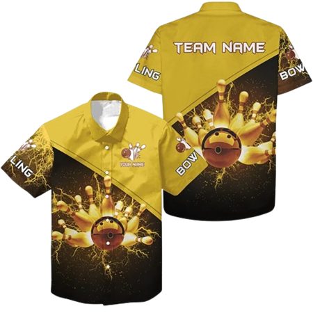 Personalized Gold Lightning Thunder Bowling Team Jersey Hawaiian Shirt