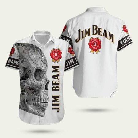 Jim Beam Whiskey Skull White Pattern Hawaiian Shirt