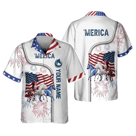 Personalized Name American Horse 4Th Of July   Hawaiian Shirt