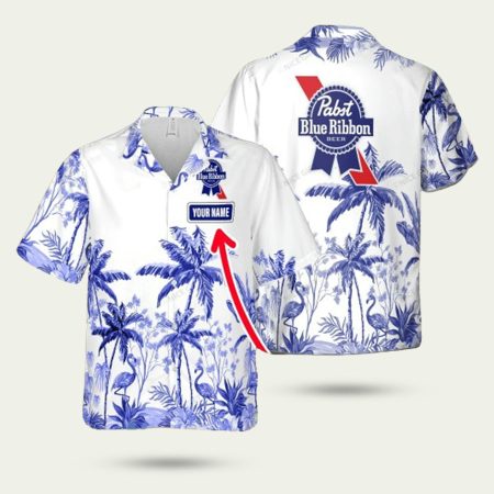 Personalized pabst blue ribbon Coconut Trees White Pattern hawaiian shirt