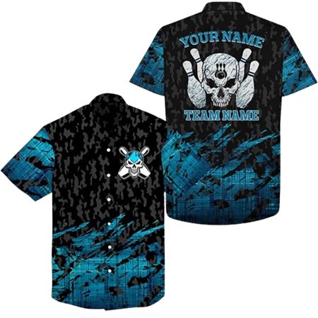 Personalized Skull Black And Blue Bowling Hawaiian Shirt