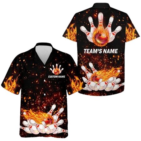 Personalized Team Bowlers Button Down Fire Bowling Hawaiian Shirt