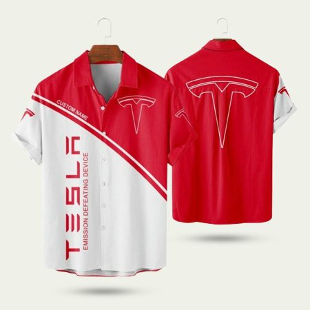 Personalized Tesla Motors Logo Red And White Hawaiian Shirt