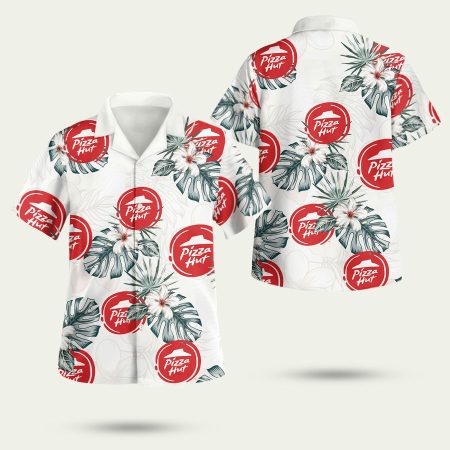Pizza Hut Company Palm Tree White Pattern Hawaiian Shirt