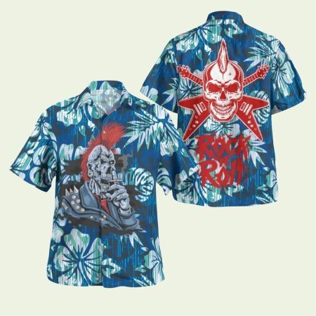 Punk Rock Skull Electric Guitar Floral Retro Pattern Hawaiian Shirt
