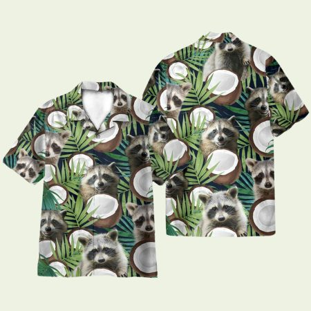 Raccoon With Coconut In Tropical Green Leaves Hawaiian Shirt