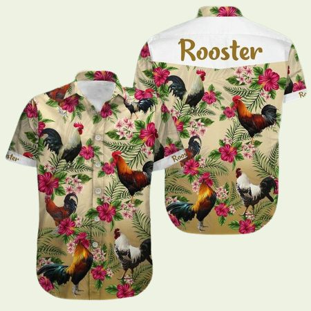 Rooster Red Hibiscus Flower Hawaiian Shirt