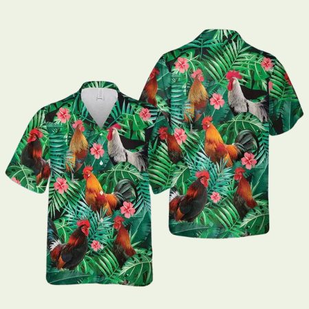Rooster Palm Leaves Pattern Hawaiian Shirt