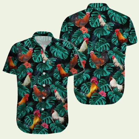 Rooster Green Palm Leaves Pattern Hawaiian Shirt