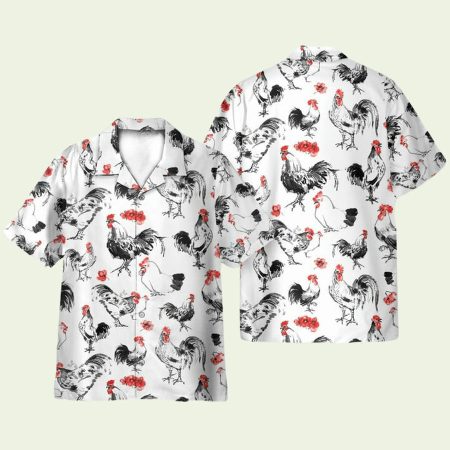 Rooster White Pattern Hawaiian Shirt