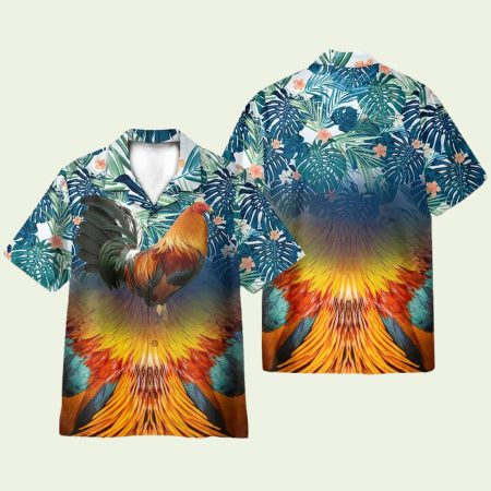 Red Rooster And Folral Pattern Hawaiian Shirt