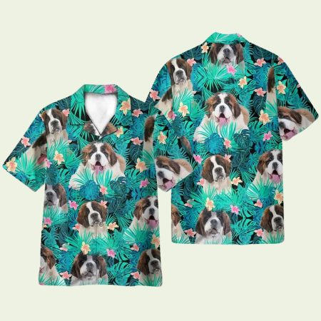 Saint Bernard In Tropical Green Leaves Hawaiian Shirt