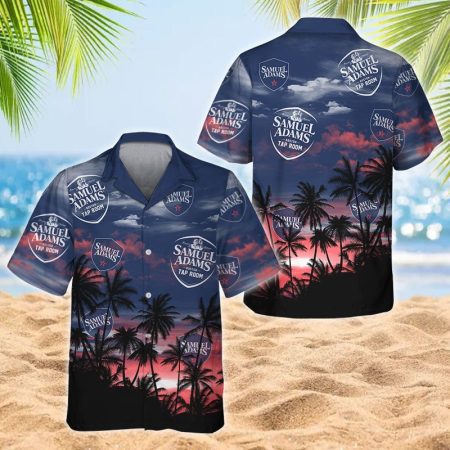 Samuel Adams Tropical Sunset Hawaiian Shirt, Palm Shadow Blue Sunset Button Down Aloha Shirt, Samuel Adams Sunset Tropical Island Hawaiian Shirts
