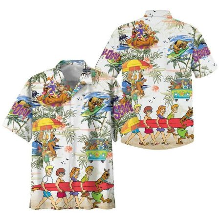 Scooby doo characters go surfing on the beach hawaiian shirt