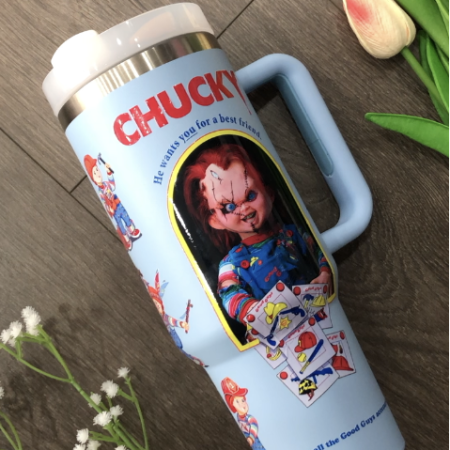 Chucky Good Guy Cute Custom 30oz or 40oz Stainless Steel HFN Tumbler With Handle Gift for Horror Movies Fans