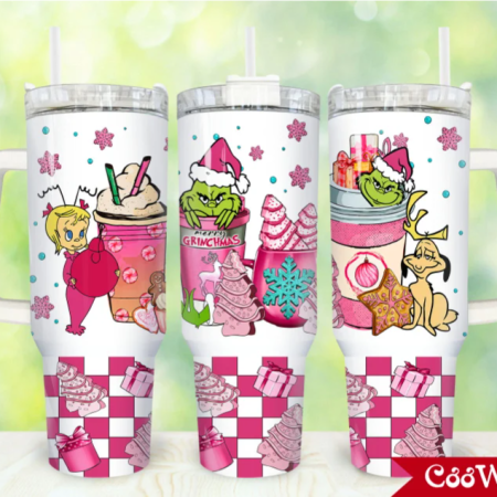 Pink Christmas Merry Christmas Cartoon Christmas 30oz or 40oz Stainless Steel Tumbler With Handle QDH