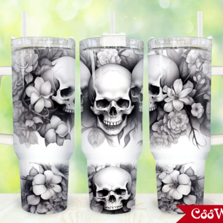 Black and white skull flowers Skulls and Flowers Skeleton 30oz or 40oz Stainless Steel Tumbler With Handle QDH